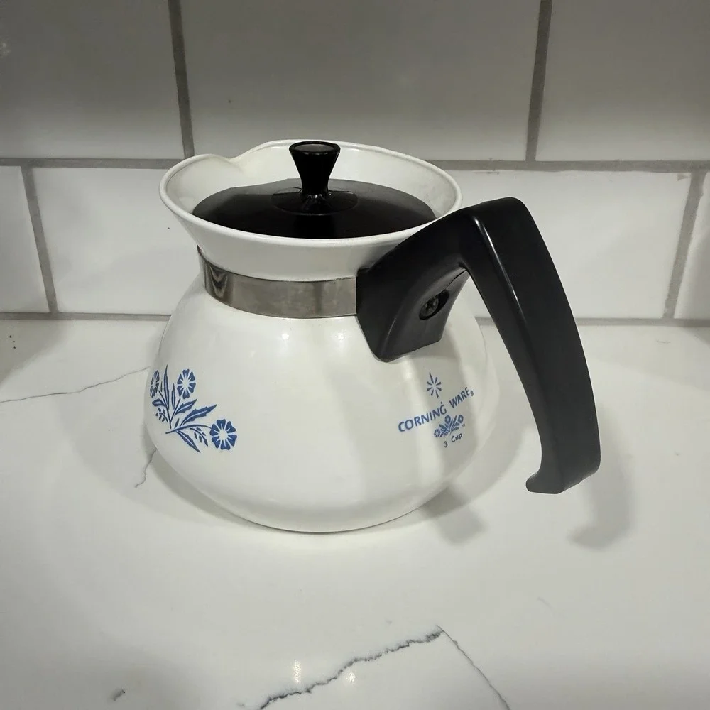 1960s Vintage Corningware Back stamp Blue Cornflower 3 Cup Teapot w/ Lid.
